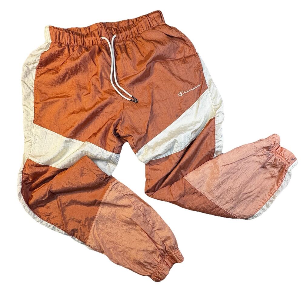 Champion Retro Track Pants Mens L Orange White Colorblock Nylon Drawstring-383